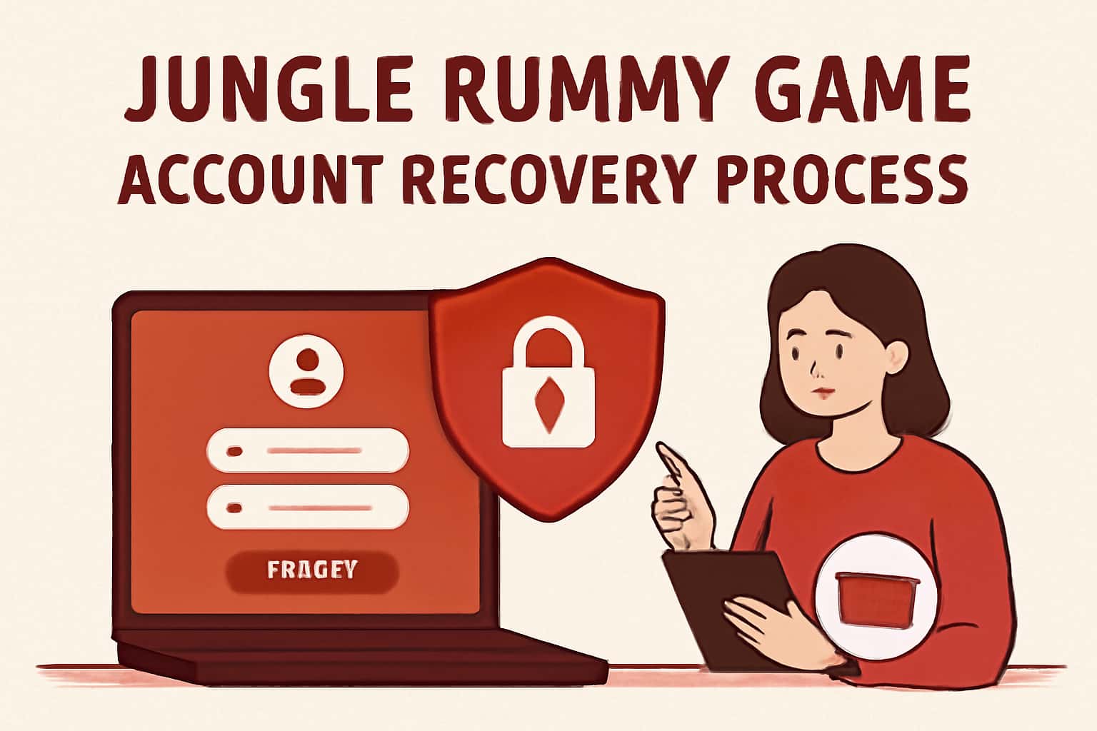 A professional scene illustrating the account recovery process for Jungle Rummy Game, featuring relevant text.