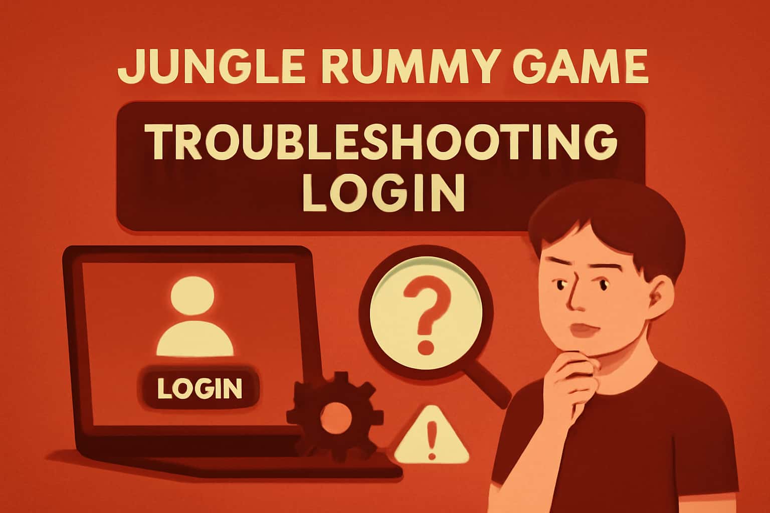 An informational graphic depicting a login troubleshooting assistance scene for Jungle Rummy Game.