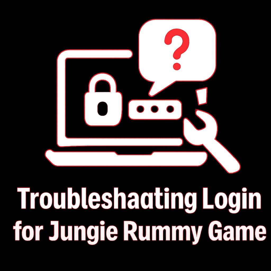 A simple badge illustrating troubleshooting assistance for Jungle Rummy Game login.